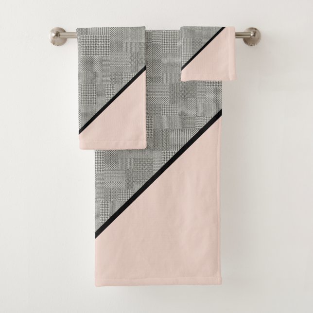 Houndstooth Pattern, Black Stripes, Blush Pink Bath Towel Set (Insitu)