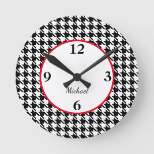 Houndstooth Pattern Red Accent 8-in Acrylic Round Clock
