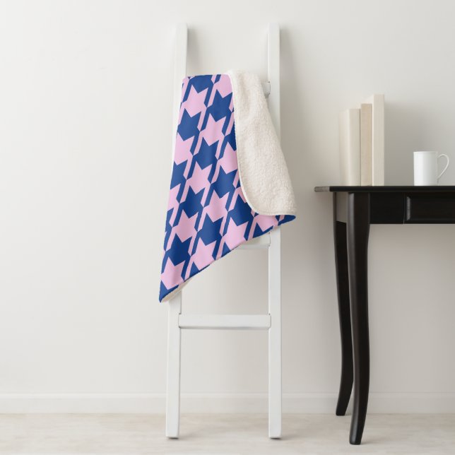 Houndstooth Pink+Blue Big Pattern Sherpa Blanket (In Situ)