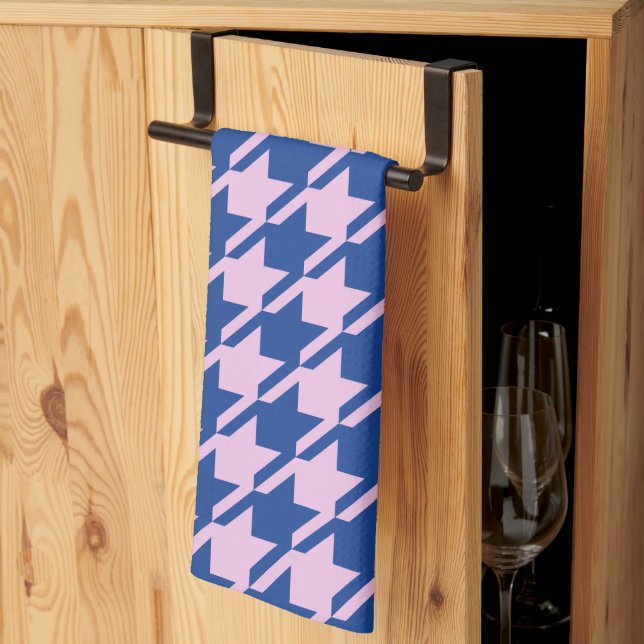 Houndstooth Pink+Blue Big Pattern Tea Towel (Thirds Fold)