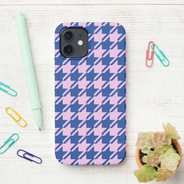 Houndstooth Pink+Blue Pattern iPhone Case (On Desk)
