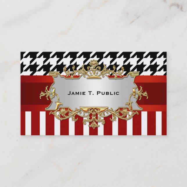 Houndstooth Red Wht Stripe, Red Ribbon, Gold Label Business Card (Front)