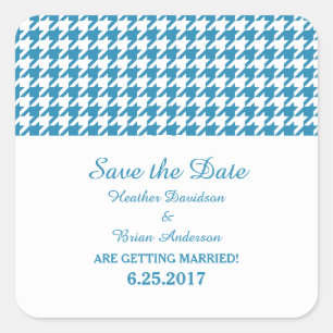 Houndstooth Save the Date Stickers, Blue Square Sticker