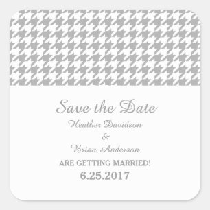 Houndstooth Save the Date Stickers, Grey Square Sticker