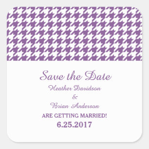Houndstooth Save the Date Stickers, Purple Square Sticker