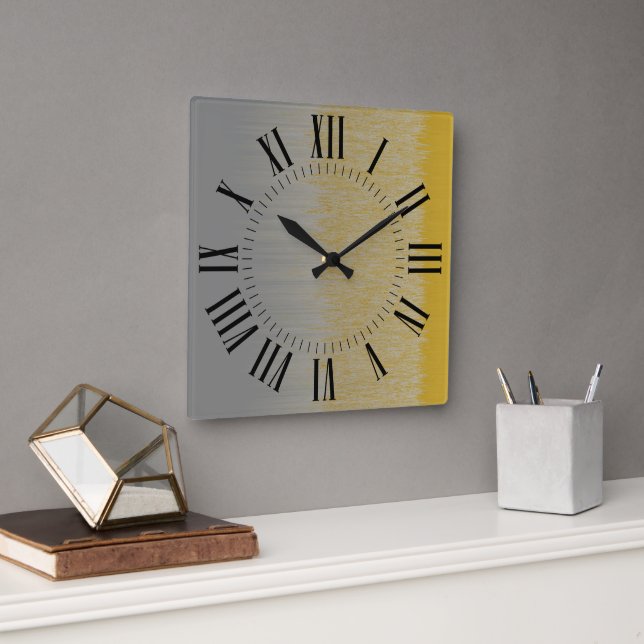 Hour and Minute Markers, Black on Gold and Silver Square Wall Clock (Office)