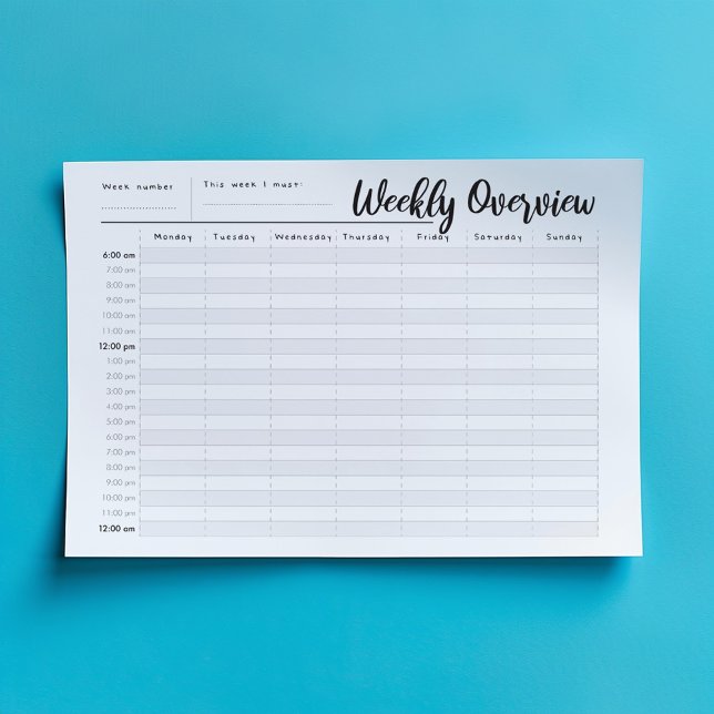 Hour by Hour weekly overview notepad (Minimalist weekly overview planner pad with hourly schedule and modern script header.)