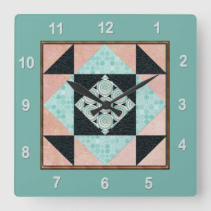 Hourglass Patch Quilt Block Turquoise & Peach Square Wall Clock