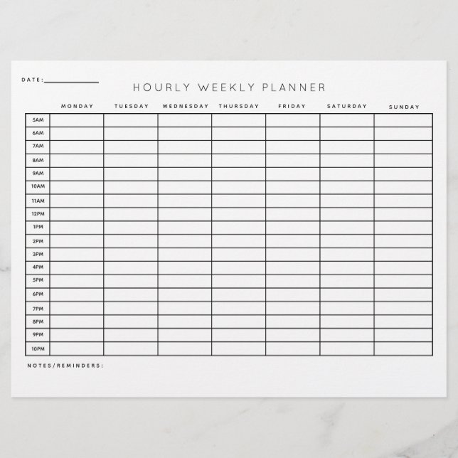 Hourly Weekly Planner Schedule Printed Sheets  Custom Letterhead (Front)