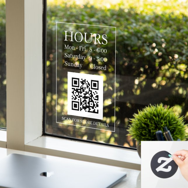 Hours Open Sign, QR Code, Message White Text Clear (Office)