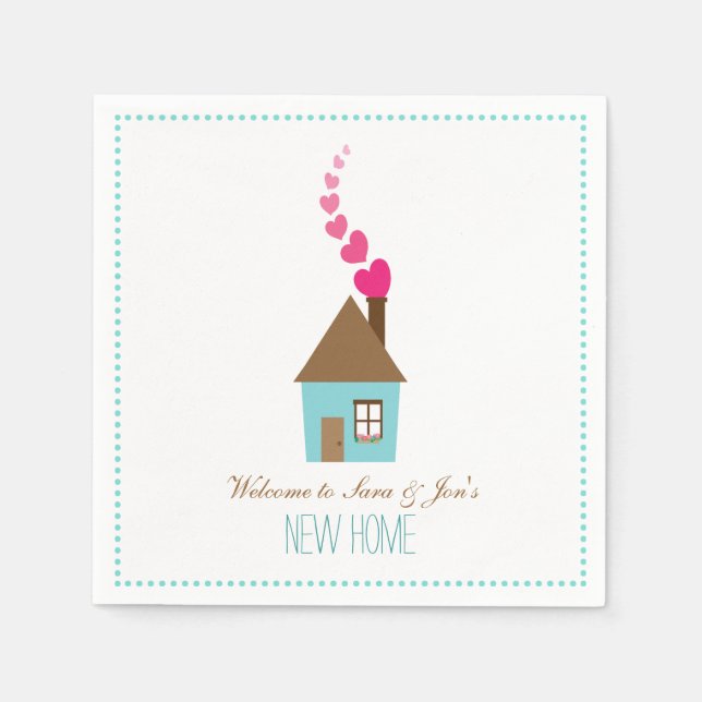 House and Hearts, Welcome to New Home Personalised Napkin (Front)