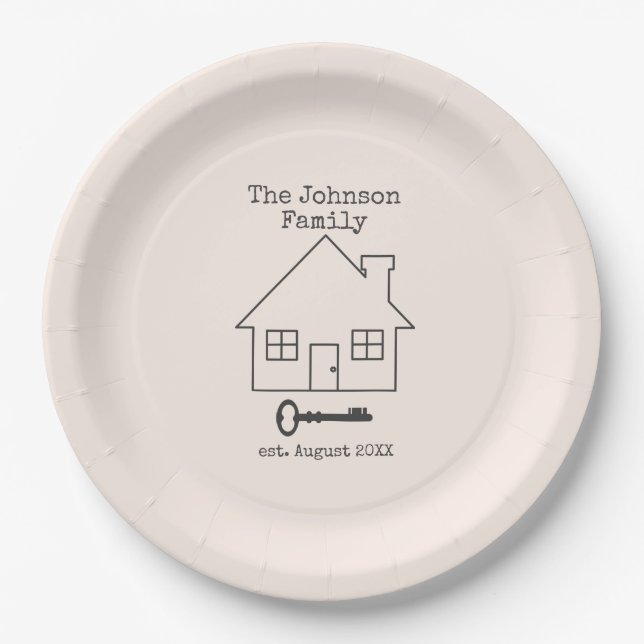 House and Key Family home custome name Paper Plate (Front)