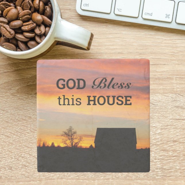 House Blessing Sunset Silhouette Stone Coaster (In Situ)