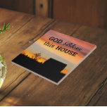 House Blessing Sunset Silhouette Tile<br><div class="desc">Ceramic tile featuring the photo image of a colourful sunset along with a house blessing that reads,  "God bless this house" in black lettering. Select your tile size. Makes a thoughtful gift for family and friends.</div>
