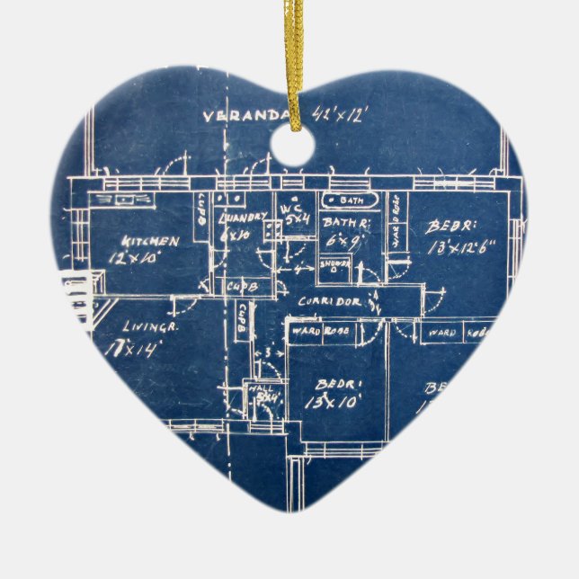 House Blueprints Ceramic Tree Decoration (Front)