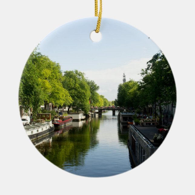 House Boats on Amsterdam Canal Ceramic Tree Decoration (Front)