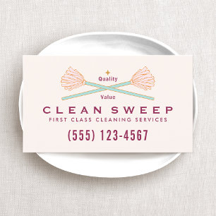 House Cleaner Cleaner Services Crossed Pink Mops Business Card