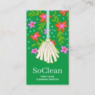 House Cleaner Cleaning Services Floral Mop Business Card