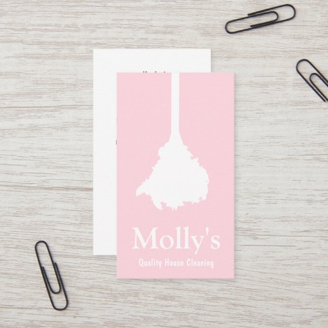 House Cleaner Pink Feather Duster Cleaning Service Business Card (Front/Back In Situ)