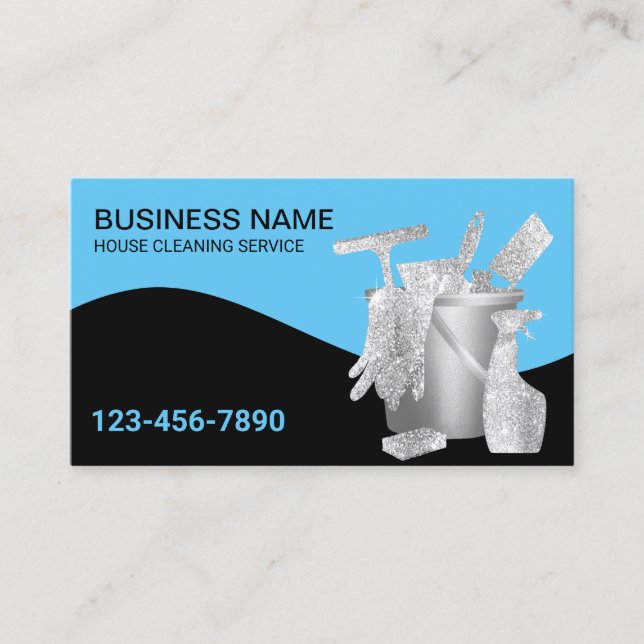 House Cleaning Auto Detailing Modern Silver & Blue Business Card (Front)