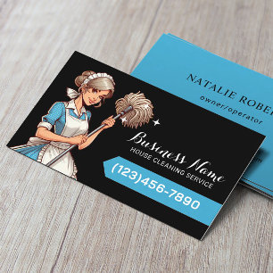 House Cleaning Cartoon Girl Maid Service Black Business Card