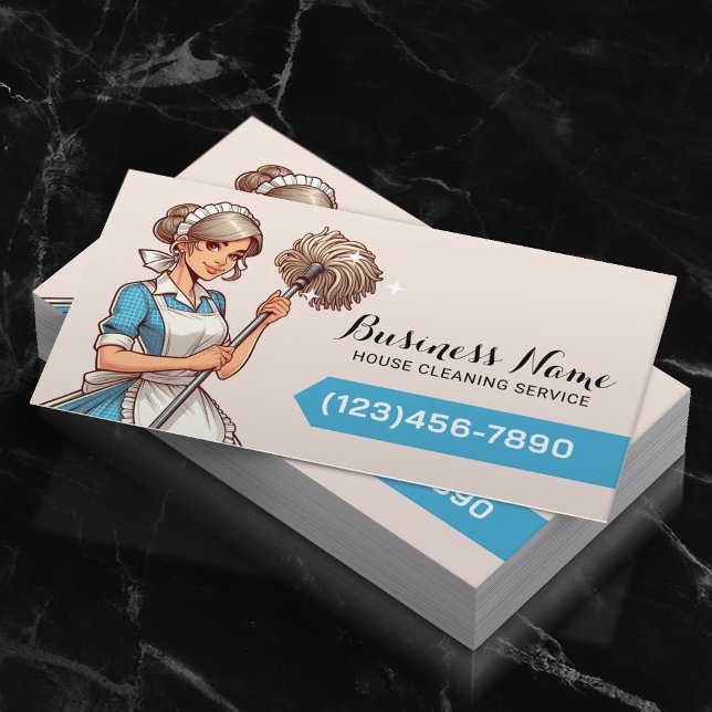 House Cleaning Cartoon Pretty Woman Maid Service Business Card (Creator Uploaded)