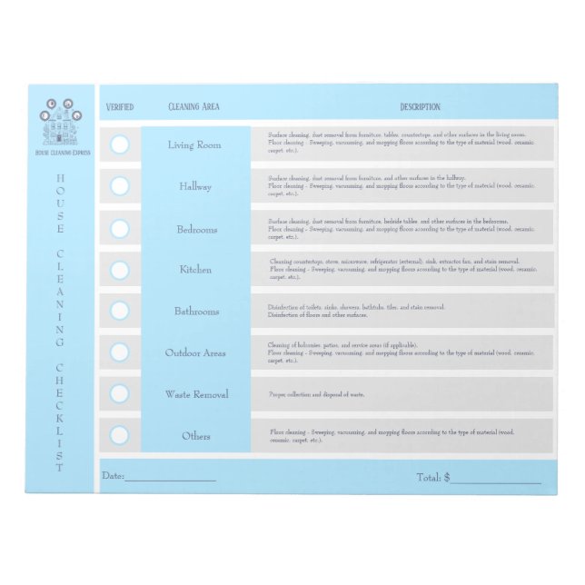 House Cleaning Checklist and Budget Notepad (Front)
