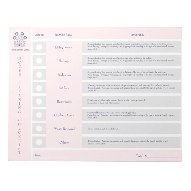 House Cleaning Checklist and Budget Notepad (Front)