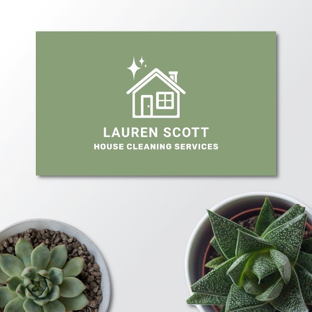 House Cleaning Cleaner Simple Minimalist Green Business Card (House cleaning business card on a light background with potted plants. )