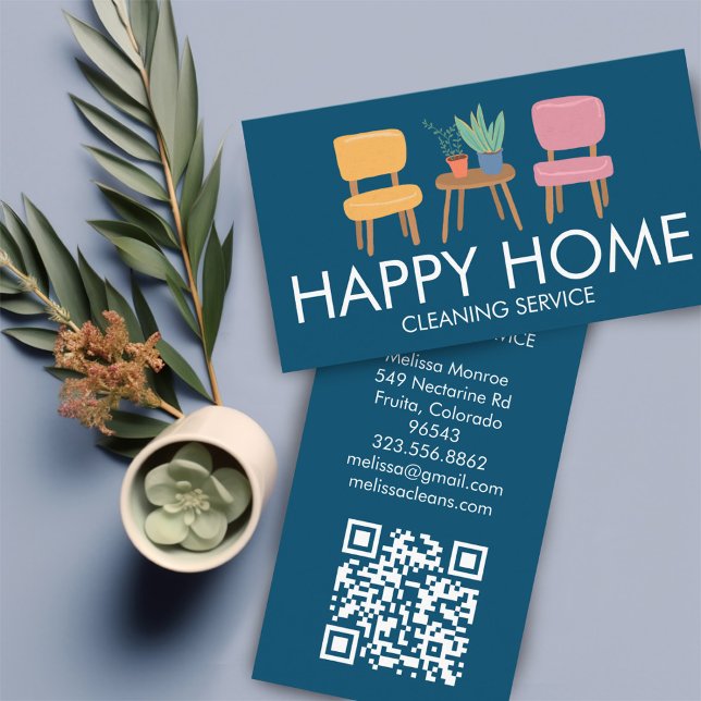 House Cleaning Cute Chairs Plants Custom QR Code Business Card (House Cleaning Services Home Decor Cute Chairs Plants Custom QR Code Business Card
)