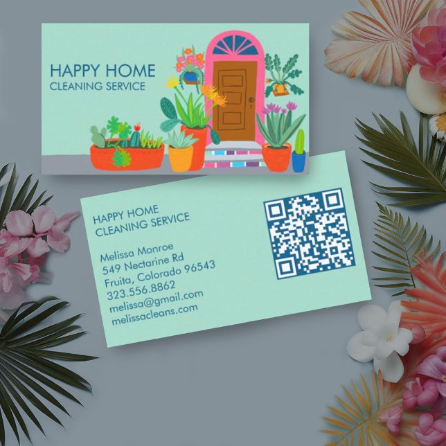 House Cleaning Cute Front Door Custom QR Code Business Card (Cute front door with lots of plants custom business card for cleaning services with custom QR code)