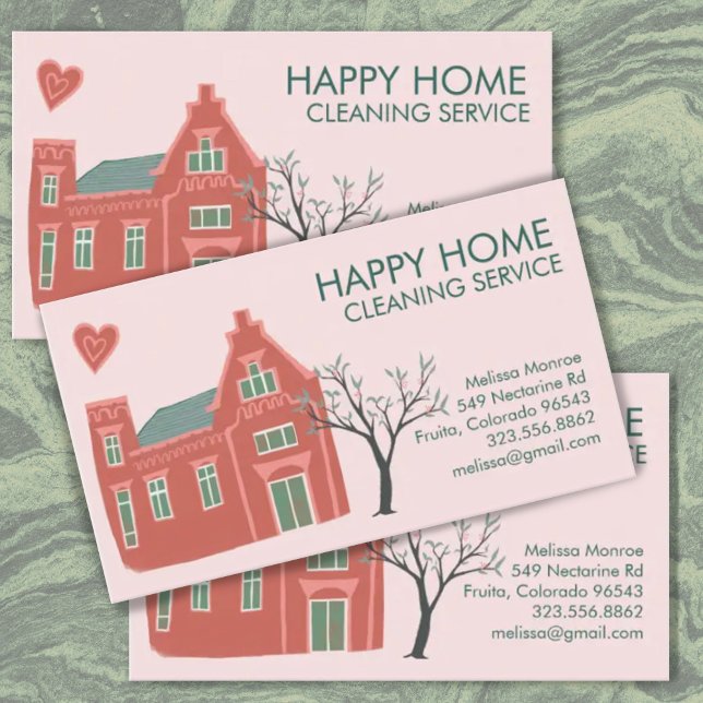 House Cleaning Home Services Charming Pink Green Business Card (Cute house hand-drawn illustration decorates this custom business card. Add your text, change colors)