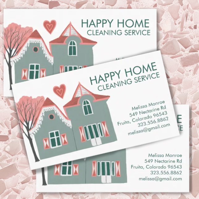 House Cleaning Home Services Charming Pink Green Business Card (Creator Uploaded)