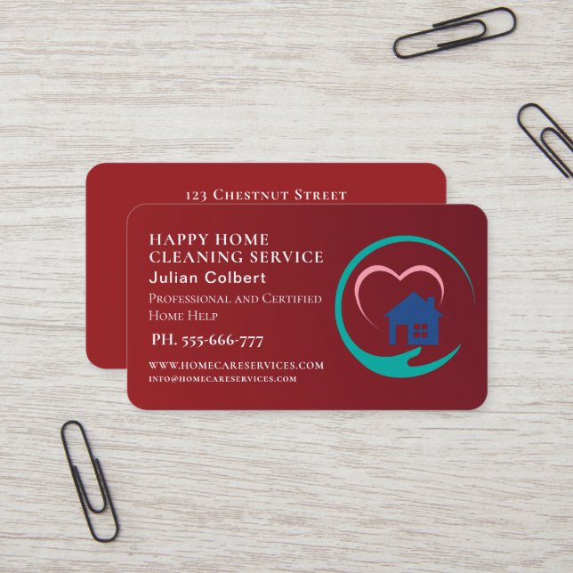 House Cleaning Home Services Charming Red qr code Business Card (Front/Back In Situ)