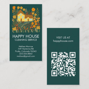 House Cleaning Home Services Floral Farmhouse QR  Business Card