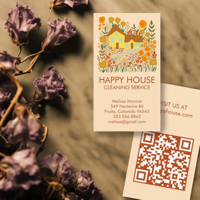 House Cleaning Home Services Floral Farmhouse QR  Business Card (Cute farmhouse illustration on custom QR code business cards)