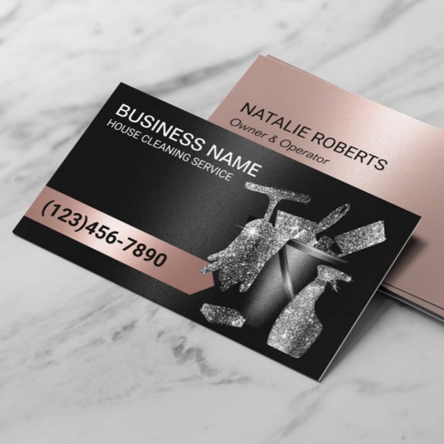 House Cleaning Housekeeping Black & Rose Gold  Business Card (Creator Uploaded)