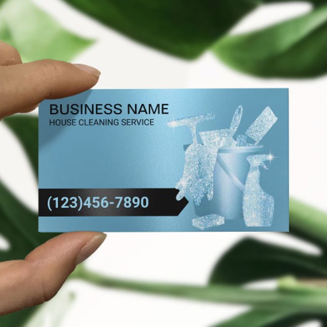 House Cleaning Housekeeping Modern Blue Glitter Business Card (Creator Uploaded)