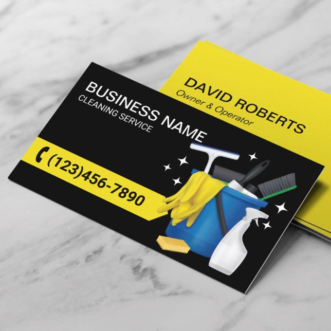 House Cleaning Housekeeping Service Black & Yellow Business Card (Creator Uploaded)