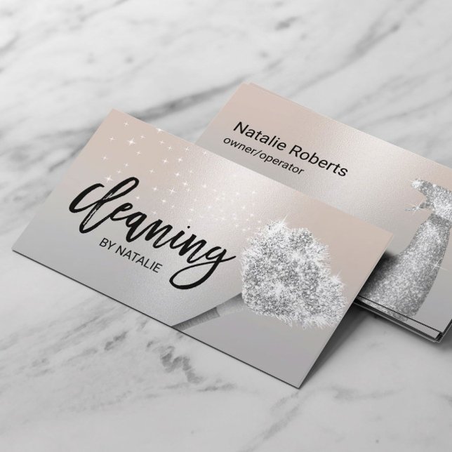 House Cleaning Housekeeping Service Modern Silver Business Card (Creator Uploaded)