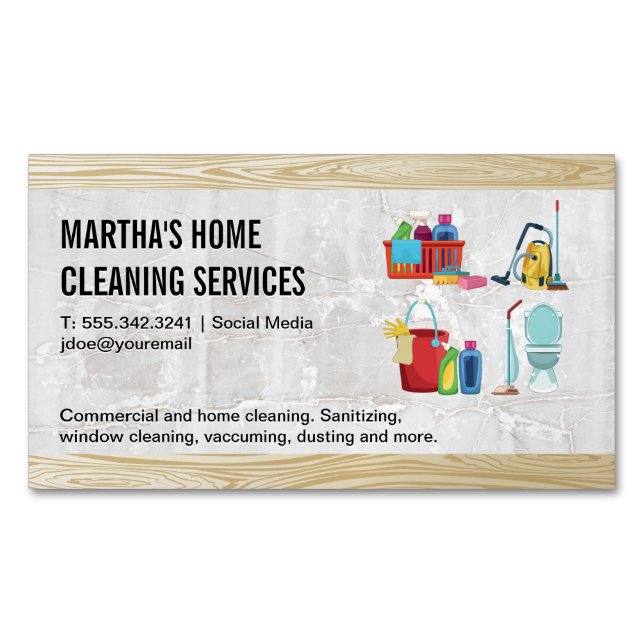 House Cleaning Icons | Mable Wood Background Magnetic Business Card (Front)