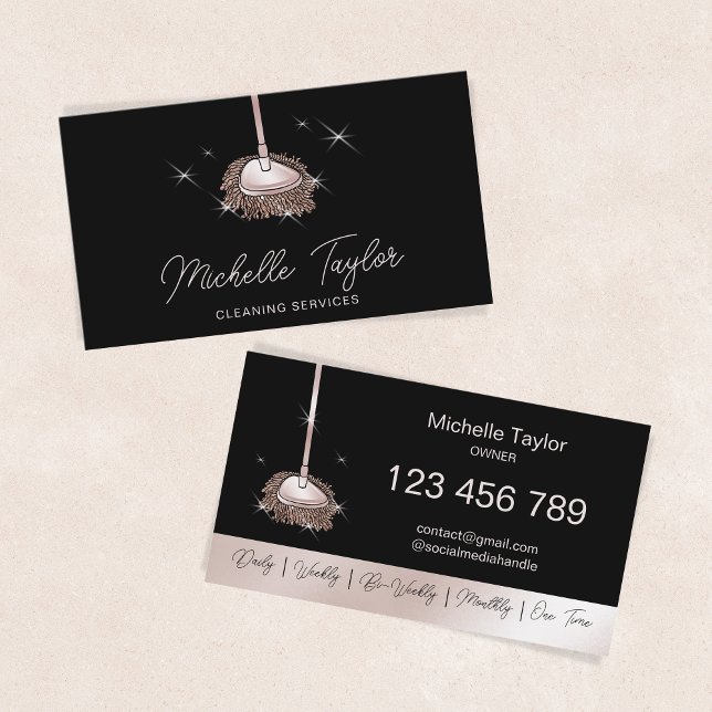 House Cleaning Maid Service Rose Gold Glitter Mop Business Card (rose gold glitter mop)