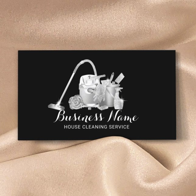 House Cleaning Maid Service Silver Housekeeping Business Card (Creator Uploaded)