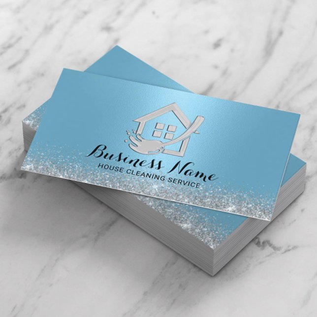 House Cleaning Modern Light Blue House & Mop Logo Business Card (Creator Uploaded)