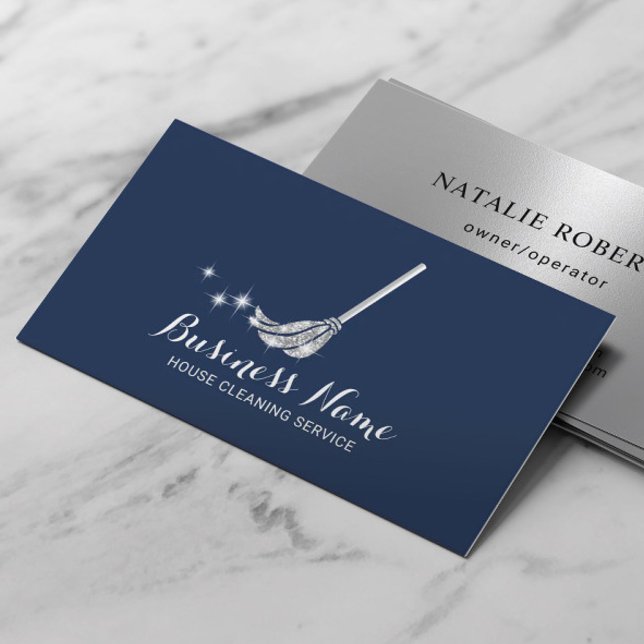 House Cleaning Modern Navy & Silver Maid Service Business Card (Creator Uploaded)