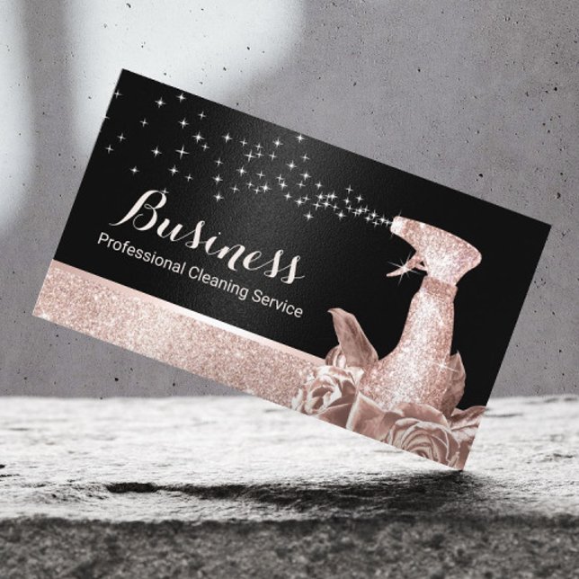 House Cleaning Modern Rose Gold Floral Spray Black Business Card (Creator Uploaded)