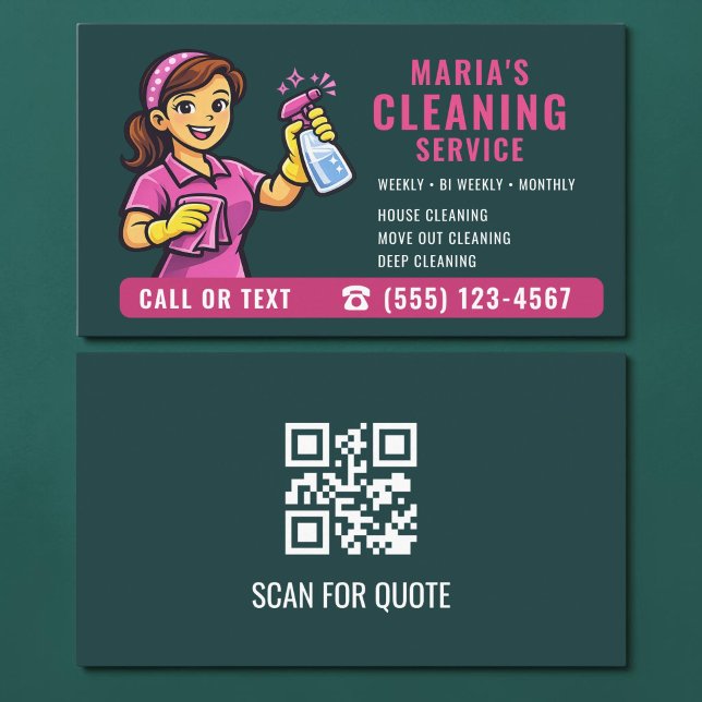 House Cleaning QR Code Teal Green Pink Business Card (Creator Uploaded)