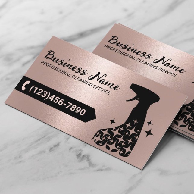 House Cleaning Rose Gold & Black Spray Cleaner Business Card (Creator Uploaded)