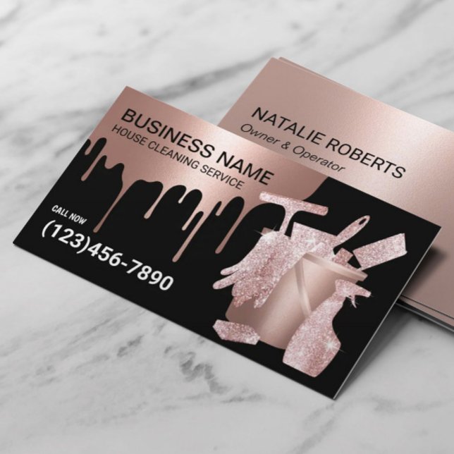 House Cleaning Rose Gold Glitter Maid Service Business Card (Creator Uploaded)