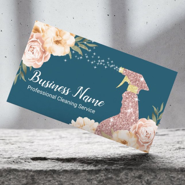 House Cleaning Rose Gold Spray Modern Floral Teal Business Card (Creator Uploaded)